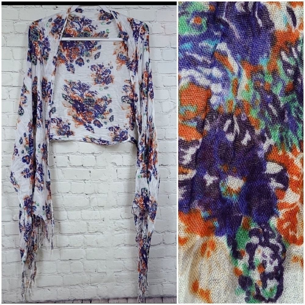 Scarf Shawl 72" Long White Crepe Floral Tassels lightweight Wrap Bohemian